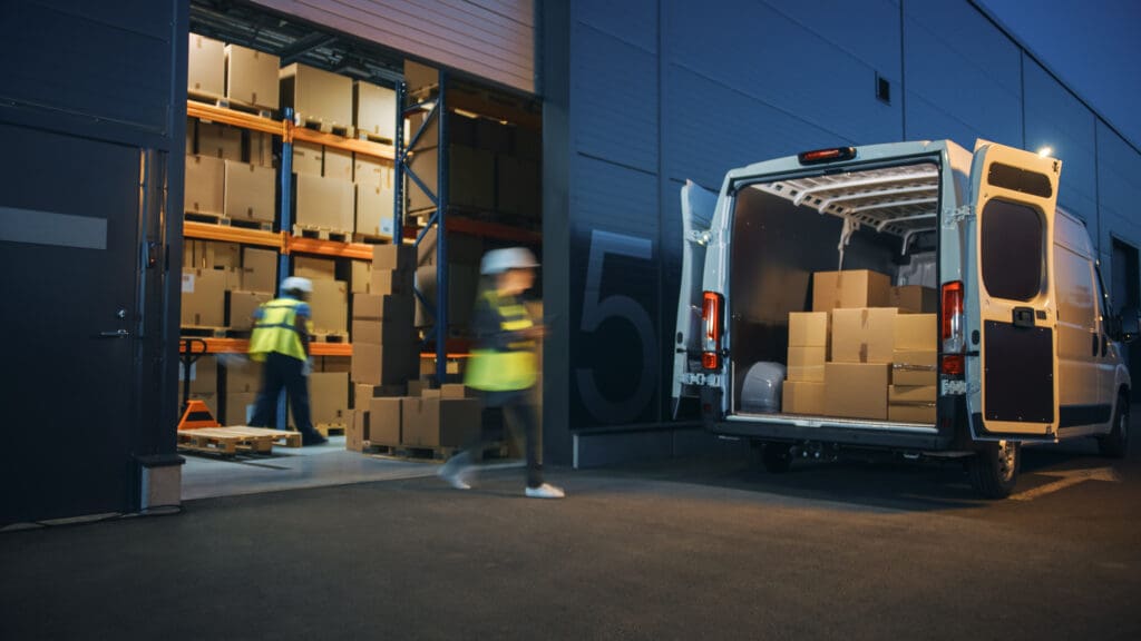 Two workers in safety vests and helmets move cardboard boxes between a warehouse and a white delivery van, highlighting efficient logistics as shelves of boxes are visible inside the warehouse.
